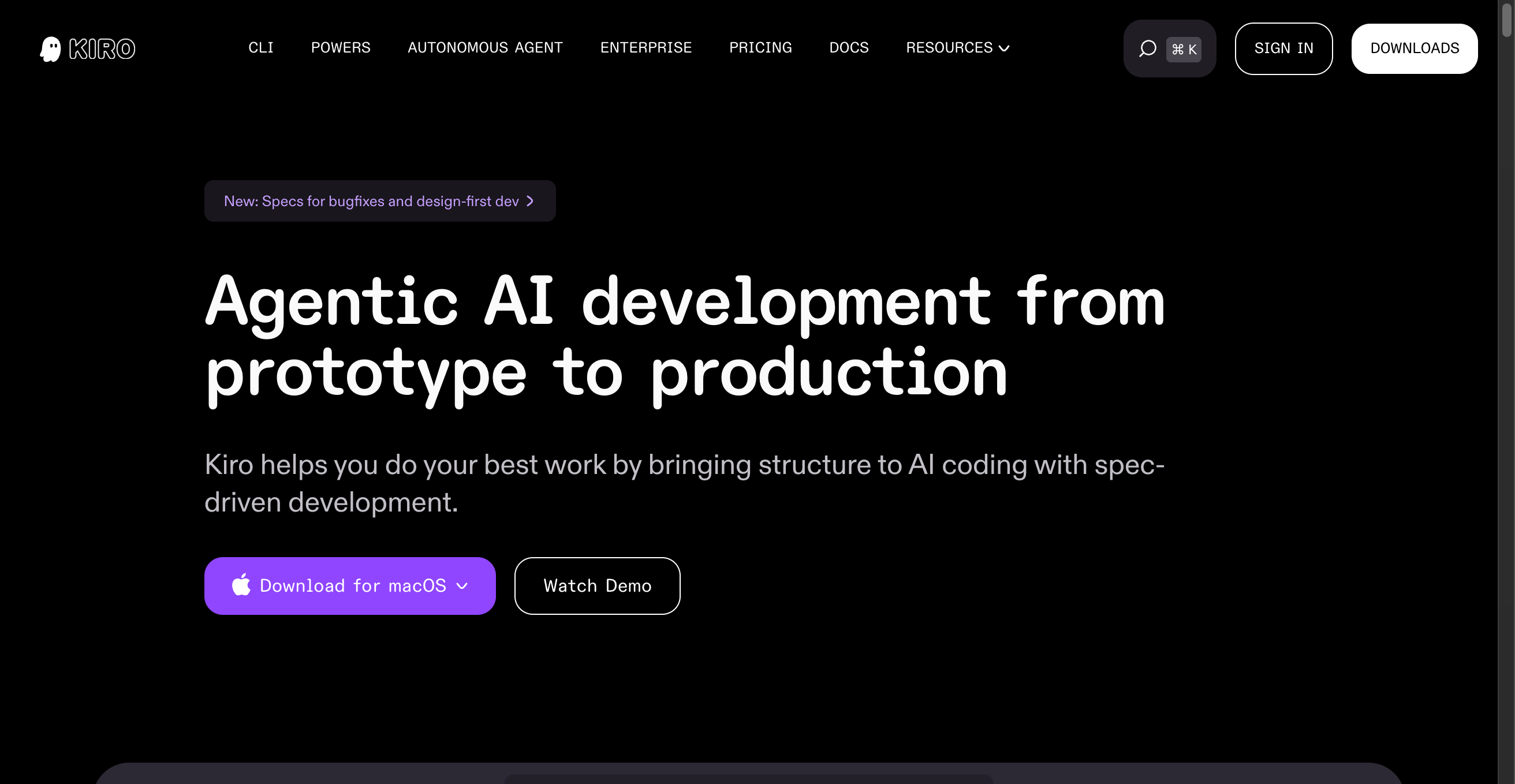 Screenshot of Kiro website